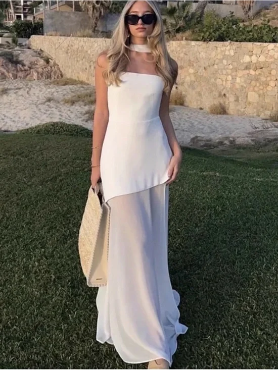 NEVER WORN - Elegant White Strapless Chiffon Asymmetrical Maxi Dress - Picture 3 of 6